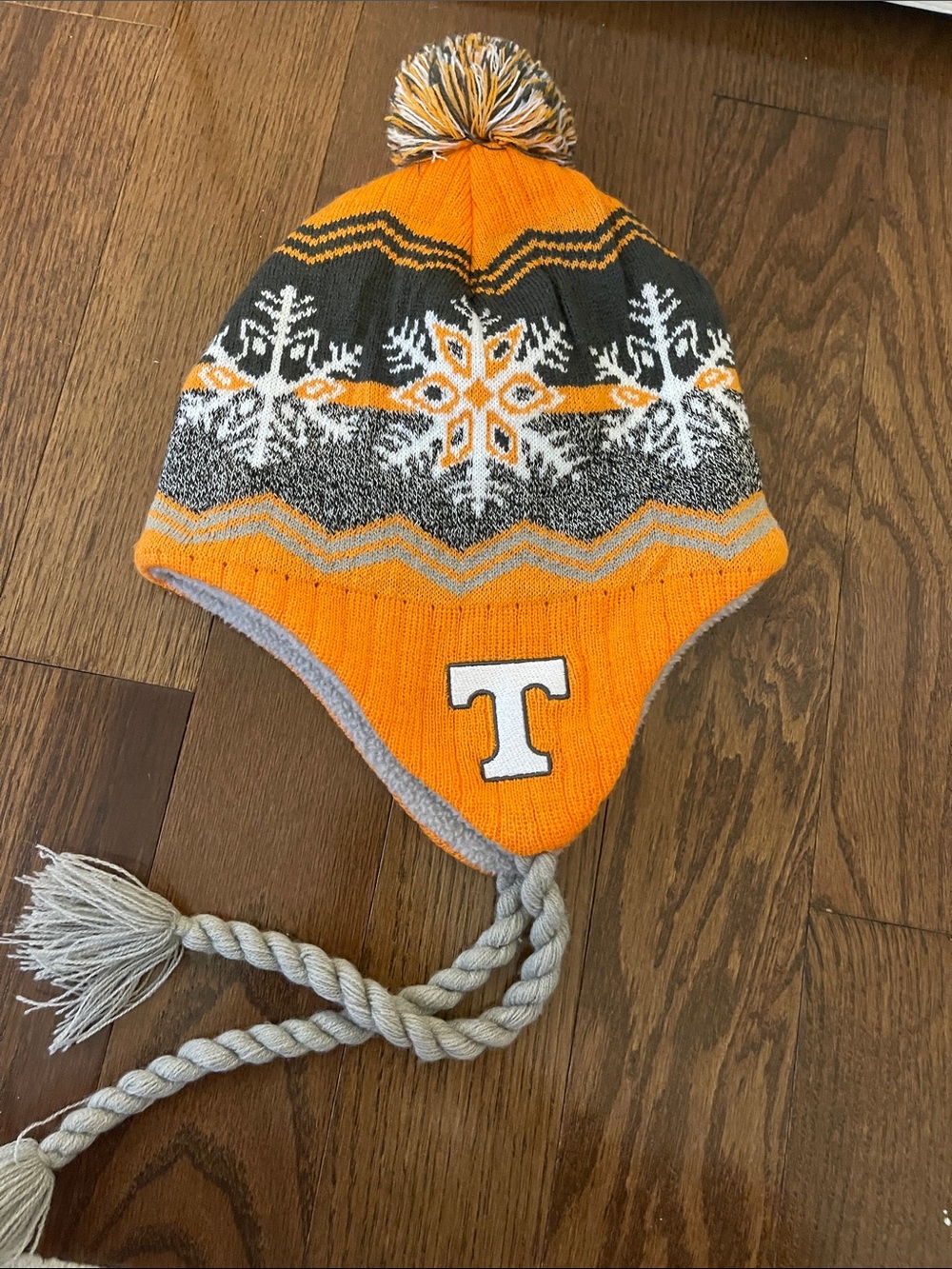 Kids Orange and Gray Pom Earflap Hat with 'T' Logo